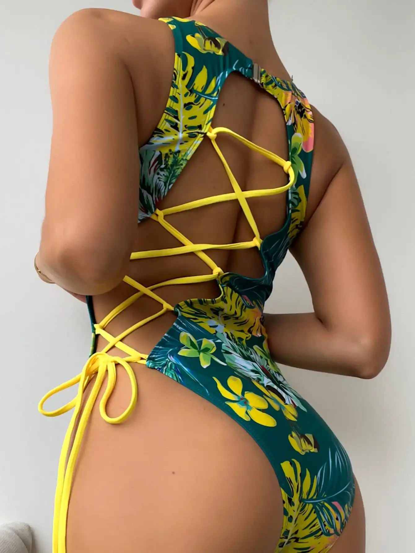 Print Lace Up Back Swimsuit